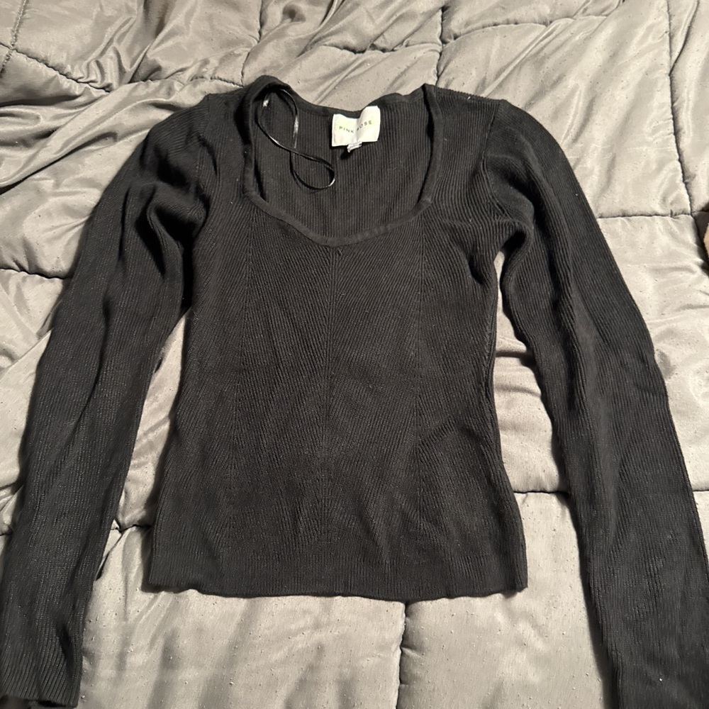 Pink Rose Black Ribbed Knit Top